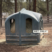 Hay feeder with netting in an outdoor setting