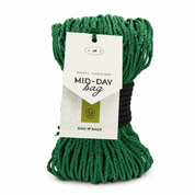 Green hay net wrapped up with braided rope with a white paper hangtag reading 'MID-DAY bag' and 'NAG BAGS', photographed on a clean white background.
