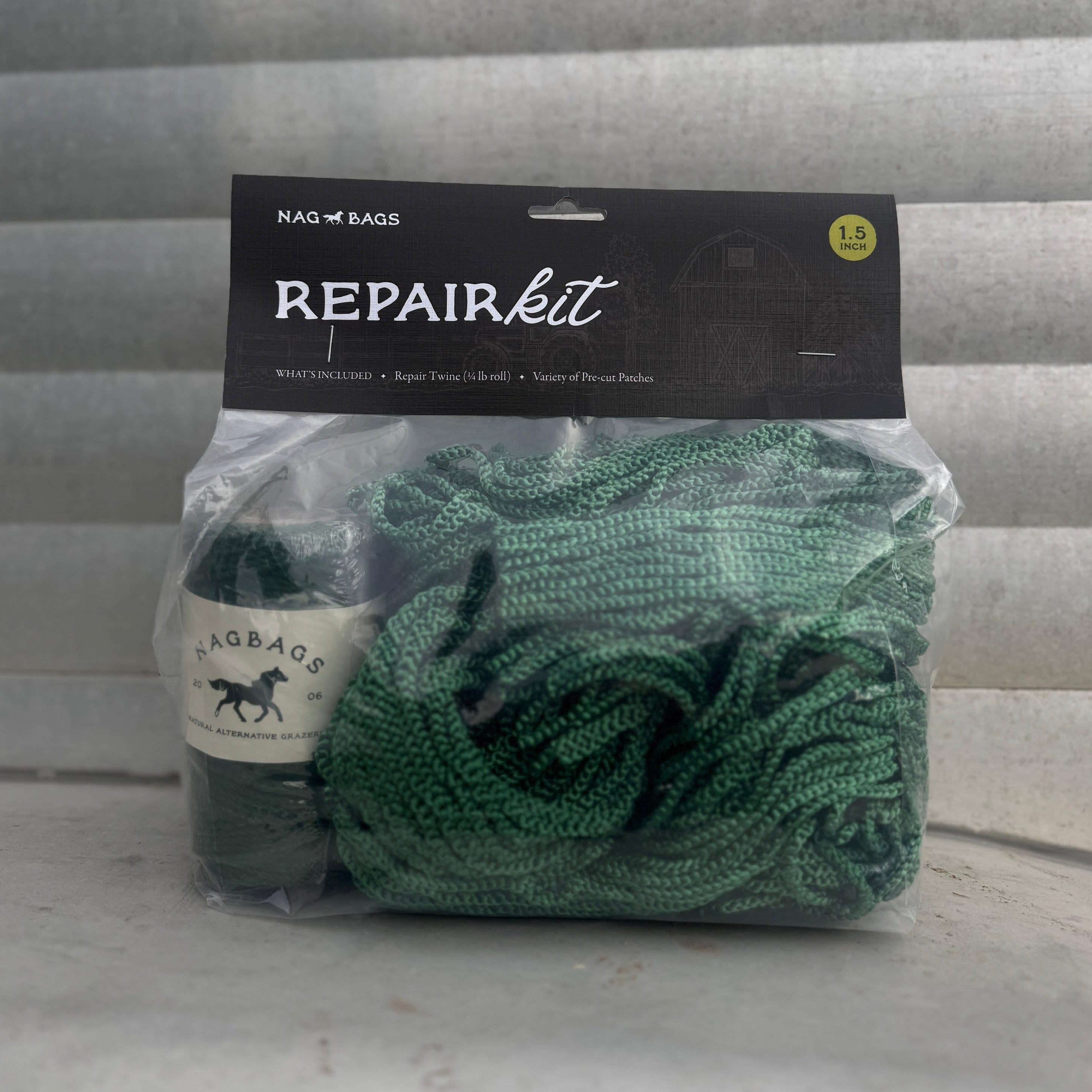 Green repair kit in packaging with a visible brand label on a gray background