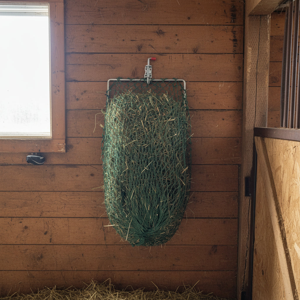 Green hay net filled with hay on a concrete floor