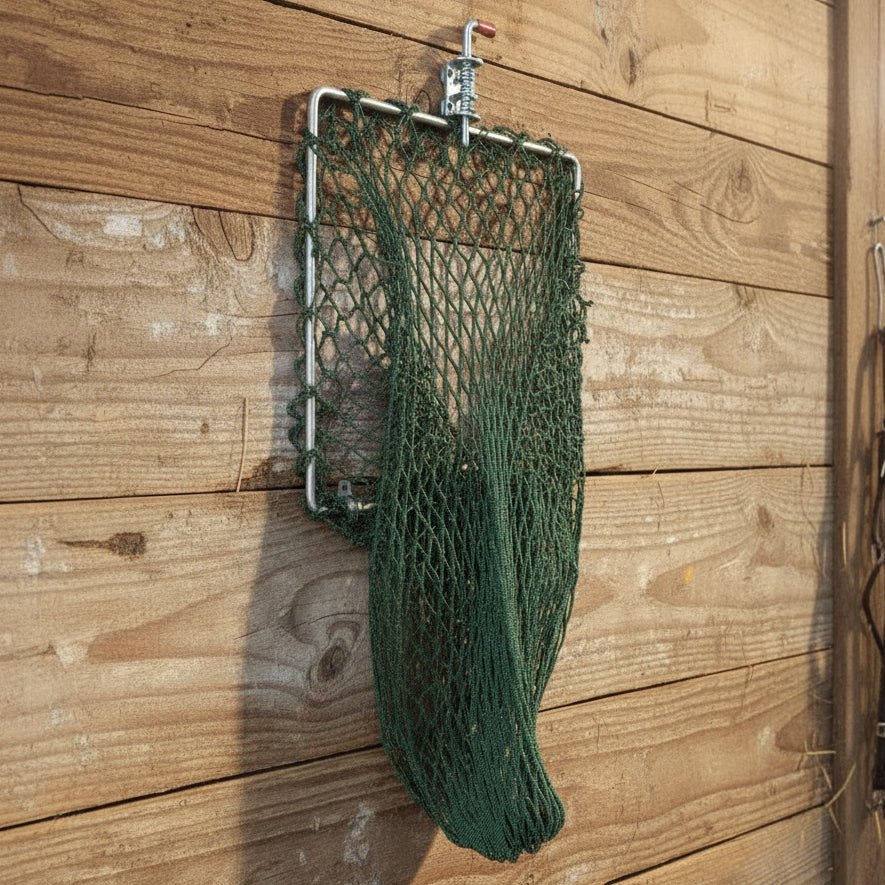 Green flip-up hay net on a light gray stall wall