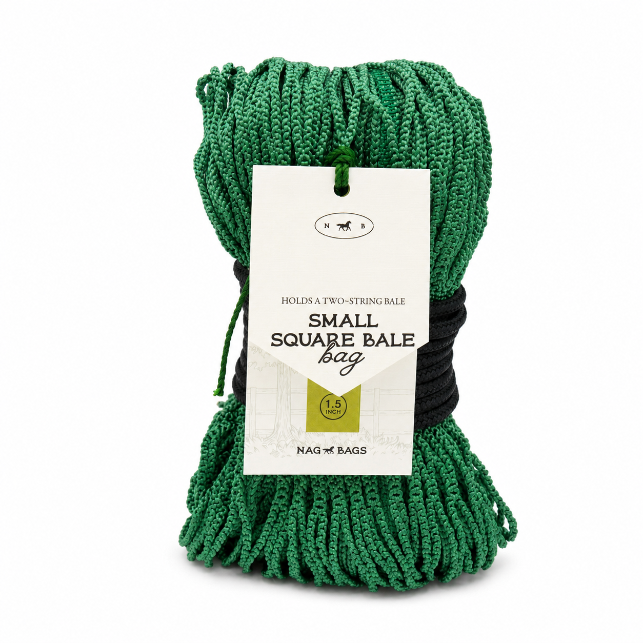 A green knotless hay net rope product wrapped with a white paper tag that reads 'SMALL SQUARE BALE bag' and shows the Nag Bags brand, on a clean white background.