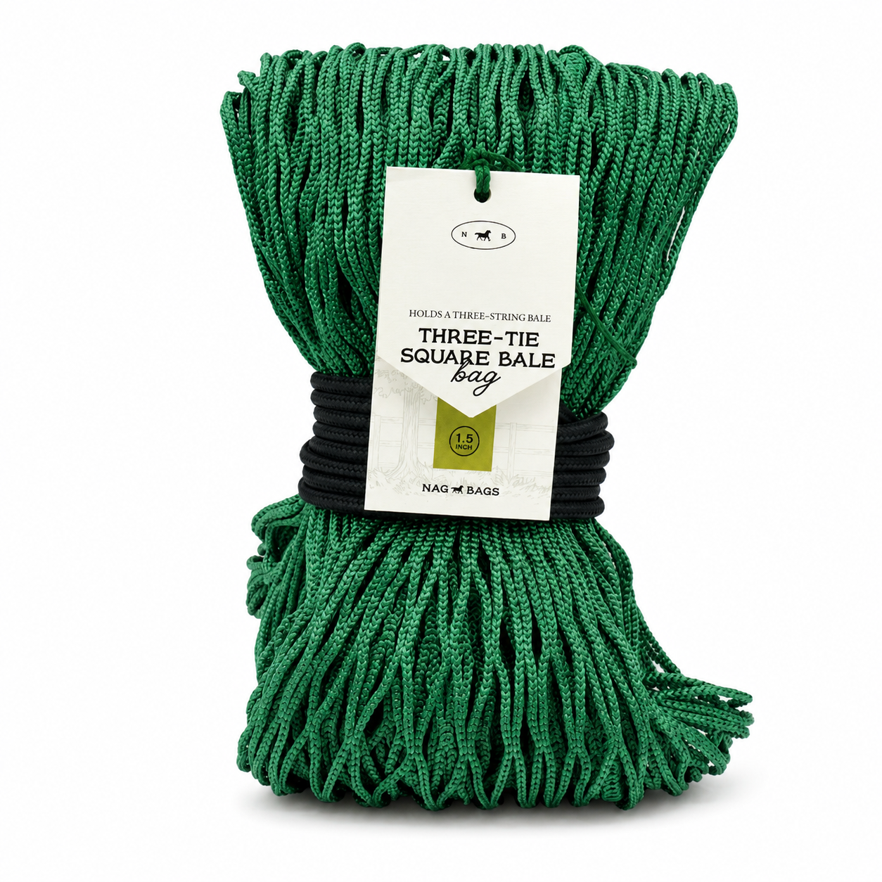 green three-tie square bale strings tied together with a black band and a white paper tag, photographed on a clean white background.