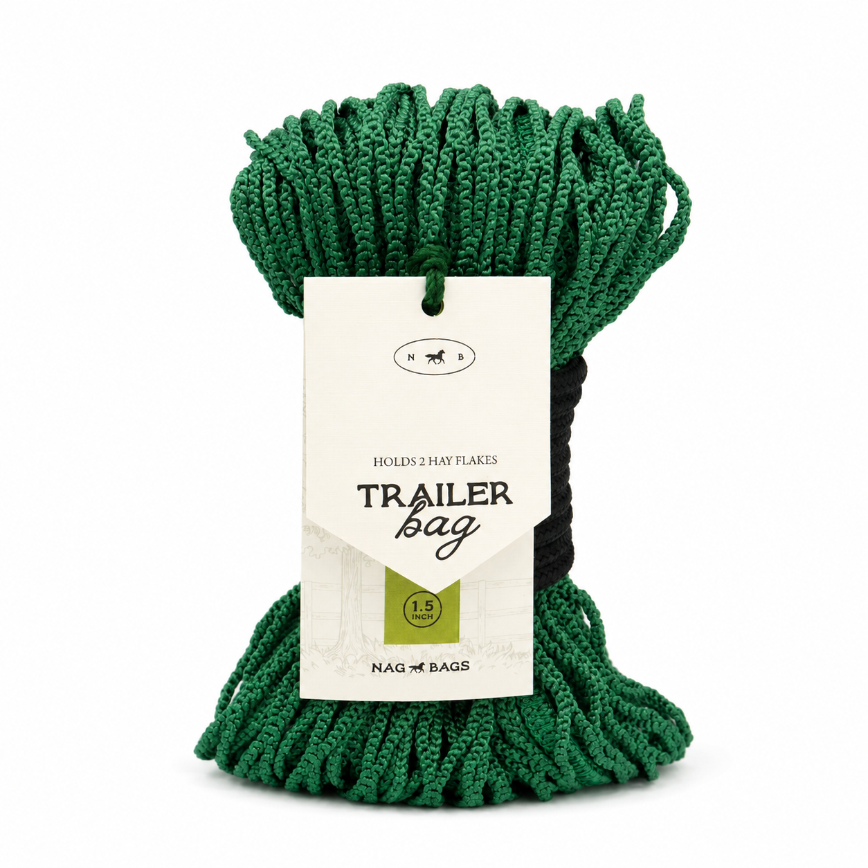 A bundle of green rope tied with a black band and attached to a white paper hangtag that reads 'TRAILER bag' and 'NAG BAGS', on a plain white background.